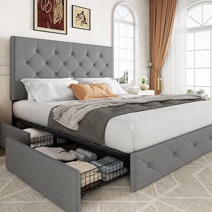 Queen Size Storage Bed Frame with 4 Underbed Drawers, Light Grey, view 2
