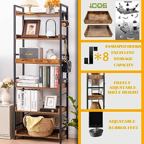 Adjustable 6 Tier Open Bookcase, Rustic Farmhouse Book Shelves, Industrial Wood and Black Metal Bookshelves, Mid Century Bookcase for Home Office Living Room Bedroom