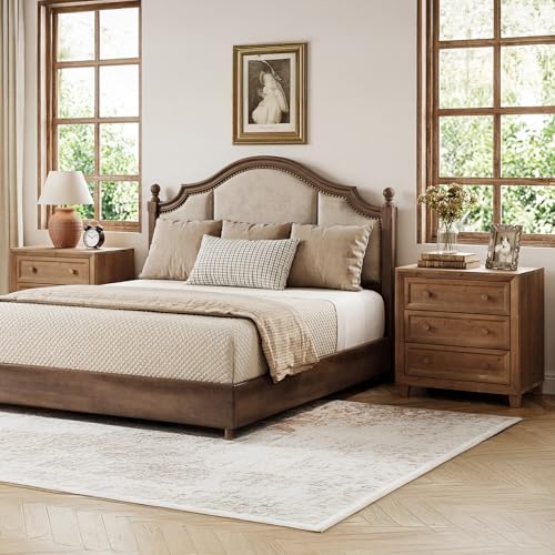 Solid Wood Nightstand with 3 Drawers Set of 2, 31.5” Wide Bedside Table with Round Wooden Knobs & Low-Profile Legs for Stability, Mid-Century Modern Night Table for Bedroom, Easy Assembly