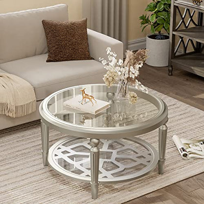 32" Round Glass Coffee Table with Storage, 2-Tier Modern Champagne Center Table for Living Room, Elegant Clear Glass Top Accent Table with Pine Wood Frame, Simple Home Office Furniture