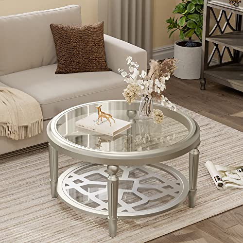 32" Round Glass Coffee Table with Storage, 2-Tier Modern Champagne Center Table for Living Room, Elegant Clear Glass Top Accent Table with Pine Wood Frame, Simple Home Office Furniture