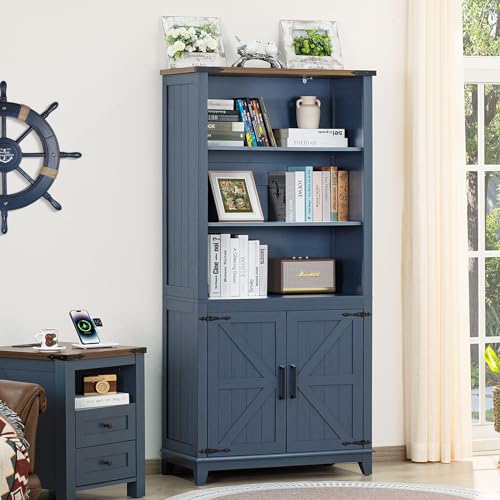 70in Tall Bookshelf 5 Tier Bookcase with Barn Doors and Adjustable Shelves, Blue Farmhouse Book Shelf with Storage Cabinet, Wood Freestanding Display Bookshelves for Bedroom, Living Room