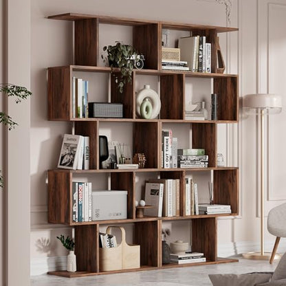 Set of 2 Geometric Bookcase, S-Shaped Modern Bookshelf, Room Divider Bookshelf, 62" Tall Unique Abstract Bookcase with 5-Tier Display Shelf for Living Room Office, Rustic Brown