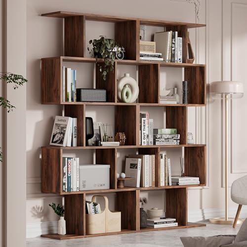 Set of 2 Geometric Bookcase, S-Shaped Modern Bookshelf, Room Divider Bookshelf, 62" Tall Unique Abstract Bookcase with 5-Tier Display Shelf for Living Room Office, Rustic Brown