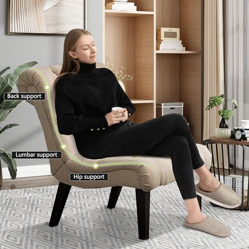 Living Room Chair Modern Accent Chair, Upholstered Tufted Armless Bedroom Chair Sofa Backrest Fabric Recliner Lounge Chair Wood Legs-Khaki