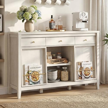 Buffet Cabinet with Storage, Modern Sideboard Cabinet with 3 Drawers, 2 Sliding Doors & Pull-Out Shelf, Coffee Bar Cabinet with Charging Station, White