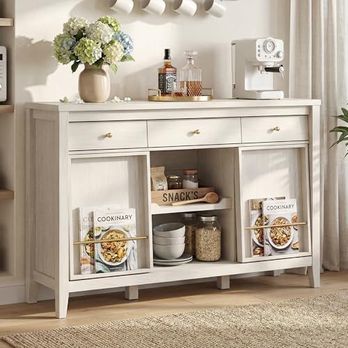 Buffet Cabinet with Storage, Modern Sideboard Cabinet with 3 Drawers, 2 Sliding Doors & Pull-Out Shelf, Coffee Bar Cabinet with Charging Station, White