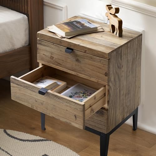 Farmhouse Nightstand Wood Bedside Table with 3-Drawers Bedside End Tables Storage for Living Room, Hallway, Handmade Distressed, Natural