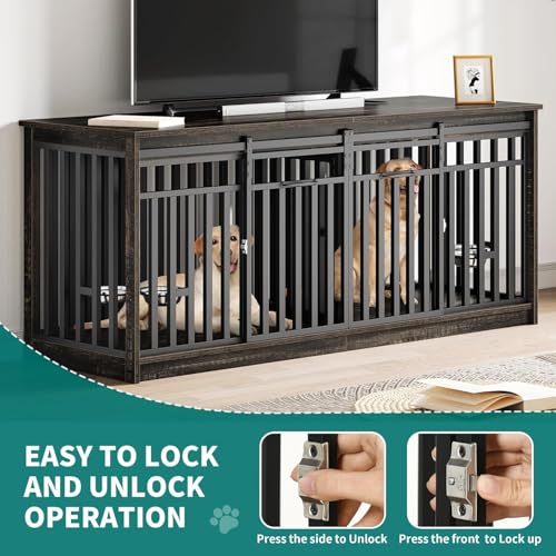 71" Double Dog Crate Furniture for 2 Dogs with 4 Bowls, view 6