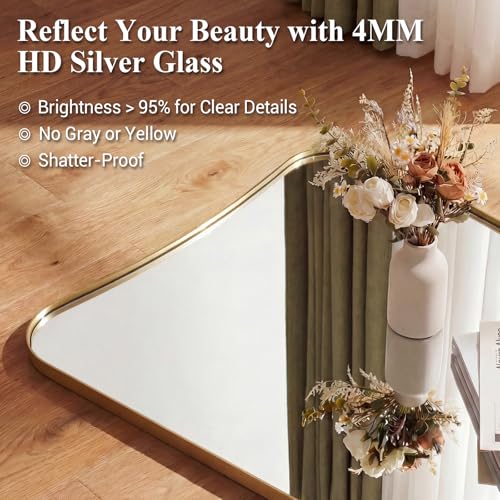 Full Length Mirror 21" x 64", Gold Decorative Full Body Mirror with Stainless Steel Thin Frame, Italian Curved Edge Design, Wall Mount or Leaning for Bedroom, Cloakroom, Living Room