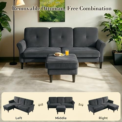Sectional Couches for Living Room, 83" Velvet Modern 3 Seater Sofa, L Shaped Couch with Ottoman, Small Sectional Couch Sofas for Living Room, Bedroom, Apartment, Office, Grey Sofa