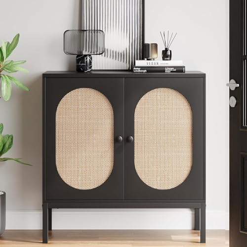 GAOMON Sideboard Buffet Cabinet, Rattan Storage Cabinet, Wood Accent Cabinet with Door and Shelf, Console Cabinet with Storage, Sideboard Cabinet for Hallway, Entryway, Living Room, Black