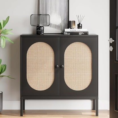 GAOMON Sideboard Buffet Cabinet, Rattan Storage Cabinet, Wood Accent Cabinet with Door and Shelf, Console Cabinet with Storage, Sideboard Cabinet for Hallway, Entryway, Living Room, Black