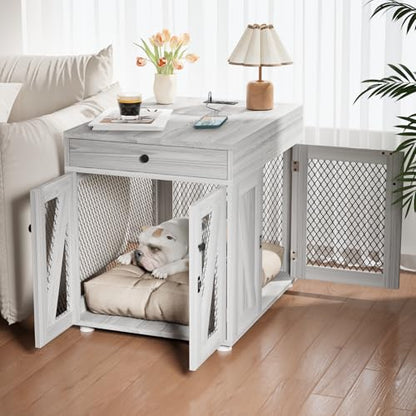 Wooden Dog Crate End Table with USB Charging Station, Gray, view 7