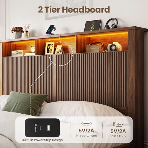King Size Bed Frame and Headboard& 2 Storage Drawers, Walnut, view 5