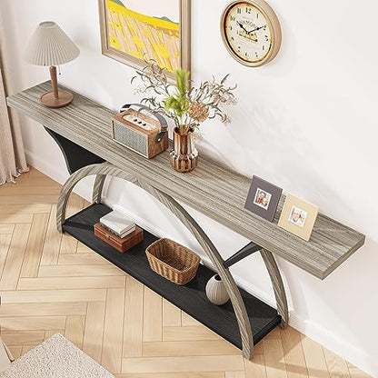 Tribesigns 70.87" Console Table with Storage Shelf, Narrow Long Sofa Table Behind Couch Table, 2-Tier Rustic Entryway Table with Half Moon Frame for Hallway Living Room, Gray & Black (Gray & Black)