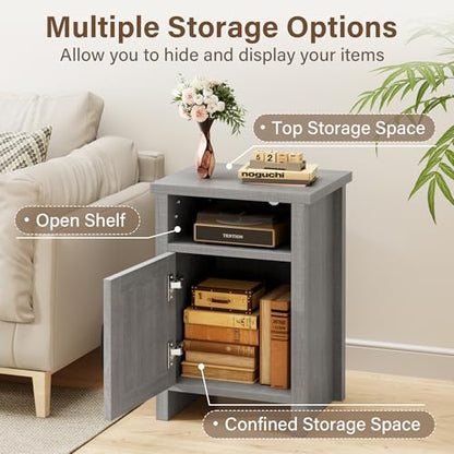 Farmhouse Nightstand, Modern Bedside Table with Barn Door and Shelf, Rustic End Table Side Table for Bedroom,Living Room(2, Classic Grey)