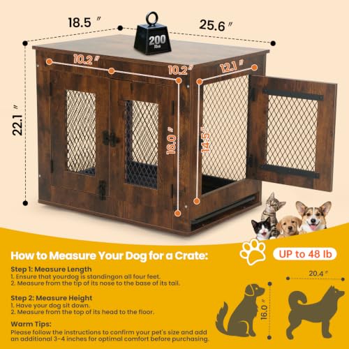 Wooden Dog Crate Furniture End Table with Metal Mesh, Rustic Brown, view 4