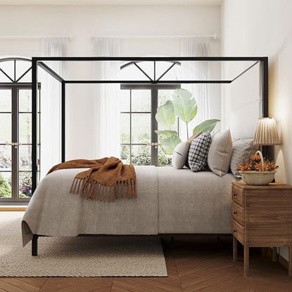 Queen Size Black Metal Canopy Bed Frame, 76.5" Tall Velvet Upholstered Headboard, view 5