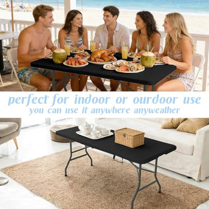 2 Pack 6 Feet Portable Folding Table Black, Steel Legs Fold-in-Half with Carrying Handle Rectangular Plastic Foldable Table for Party, Wedding, Camping, Picnic, Dining, Indoor Outdoor Events