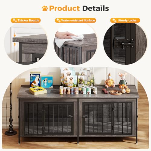 63" Double Dog Crate Furniture for 2 Dogs, Gray Wood Grain, view 4