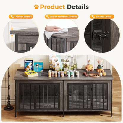 63" Double Dog Crate Furniture for 2 Dogs, Gray Wood Grain, view 4