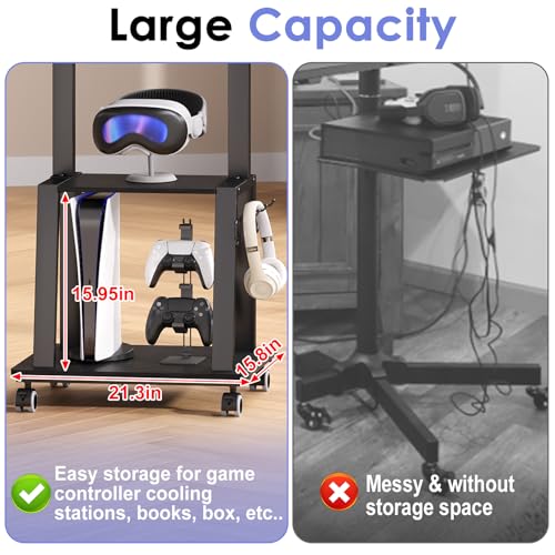 Rolling TV Stand on Wheels for 23-60Inch Flat/Curved Screen TVs,Tilt Mobile TV Cart with 2 Shelves,Portable TV Stand with Adjustable Height Holds up to 50lbs for Indoor Outdoor Max VESA 400x400mm