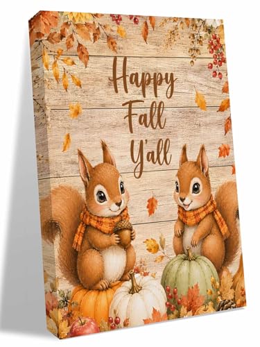 NuYeBiofx Happy Fall Y'all Words Squirrel Canvas Wall Art Prints,48"x32" Framed Picture Artwork Farm Wood Board Background Printed Canvas Oil Painting for Living Room Bedroom Office,Ready to Hang