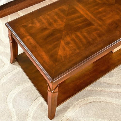 2-Tier Solid Wood Coffee Table with Shelf, 43.3 * 23.6 * 17.7in | Vintage Rectangle Cocktail Table with Dual Hourglass Top, Apartment Center Sofa Table with Curved Legs for Living Room