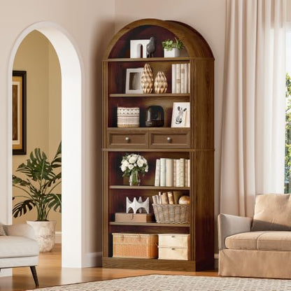 Arched Bookshelf, 73" Tall Arch Bookcase with Drawers, Farmhouse, view 4