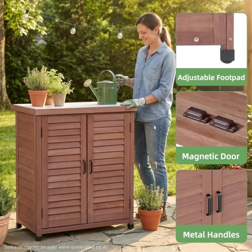 Outdoor Storage Cabinet with Metal Tabletop, Cedar Wood Garden Workstation | Metal Work Surface，Ample Storage Capacity，Natural Wood Construction，Garden Tool Organization，Patio & Garden Furniture