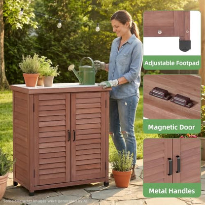 Outdoor Storage Cabinet with Metal Tabletop, Cedar Wood Garden Workstation | Metal Work Surface，Ample Storage Capacity，Natural Wood Construction，Garden Tool Organization，Patio & Garden Furniture