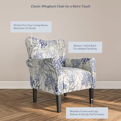 Modern Accent Chair for Living Room, High Back Linen Armchair with Wooden Legs, Upholstered Wingback Side Chair Padded Armrest Single Sofa for Living Room, Bedroom - Allston (Blue Coral)