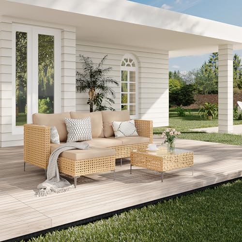 Small Outdoor Patio Furniture Set L-Shaped - Weather Resistant Wicker Sectional Chaise Sofa with Thick Cushions & Tempered Glass Coffee Table for Small Spaces, Balcony, Apartment
