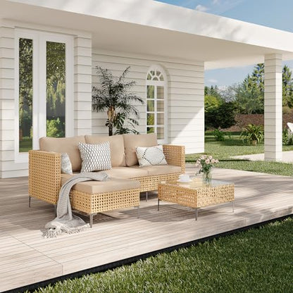 Small Outdoor Patio Furniture Set L-Shaped - Weather Resistant Wicker Sectional Chaise Sofa with Thick Cushions & Tempered Glass Coffee Table for Small Spaces, Balcony, Apartment