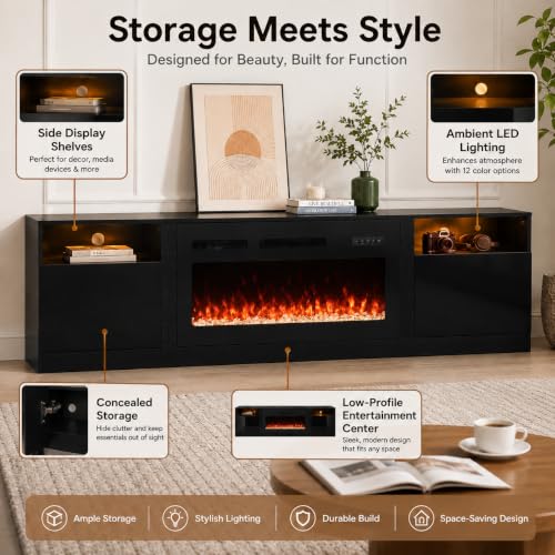 70” Fireplace TV Stand, Modern LED Entertainment Center, view 6