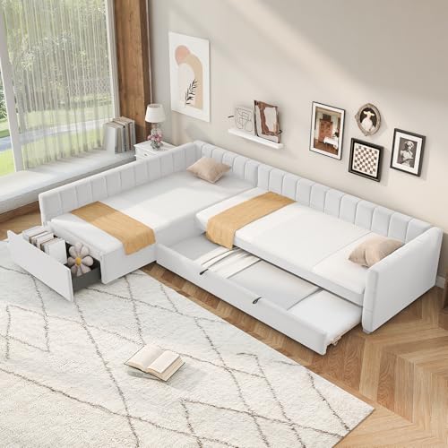 JIVOIT L-Shape Upholstered Double Twin Size Daybed, L-Shaped Daybed with Trundle and Drawer, Velvet & Flannel Upholstery, Space-Saving Design, No Box Spring Required (Beige/50)