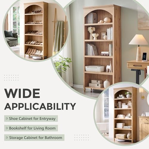 76" Tall Arched Bookcase, Farmhouse Large Arched Bookshelf, Natural, view 5