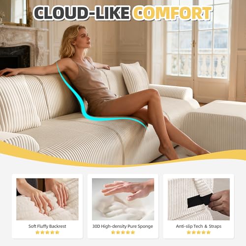 118" Modern L Shaped Modular Sectional Sofa, Boneless Cloud Couch with Ottoman, Oversized Corduroy Couch Deep Seat, 30D Sponge for Indoor Living Room, No Assembly Required(Beige)