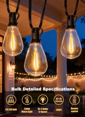 200FT Outdoor String Lights Waterproof, 76+2 Shatterproof S11 LED Bulbs, view 4