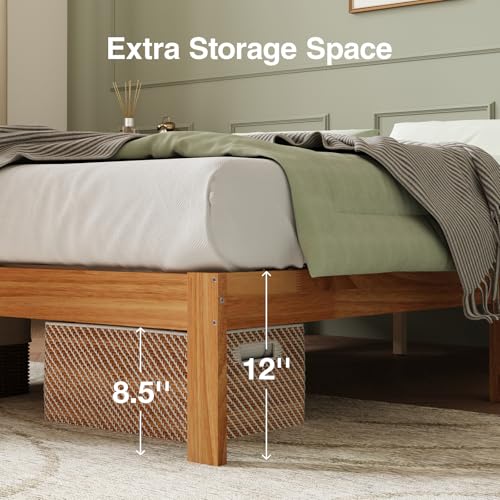 12 Inch Wooden Queen Bed Frame with Sturdy Slat Support, Natural Color, view 7