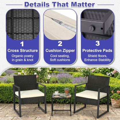| 3-Piece Patio Furniture Set | Khaki |Outdoor Wicker Furniture with Coffee Table | Modern Rattan Chairs Conversation Set | Outdoor Seating | Weather-Resistant | for Porch, Garden, Lawn
