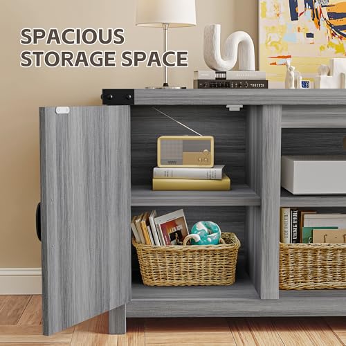 Modern Farmhouse TV Stand with Two Barn Doors and Storage Cabinets for Televisions up to 65+ Inch,Entertainment Center Console Table,Media Furniture for Living Room,Light Grey