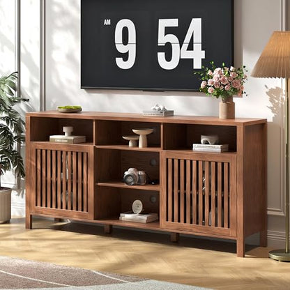 Farmhouse Brown TV Stand with Grille Doors, 5 Open Storage Compartments, view 2