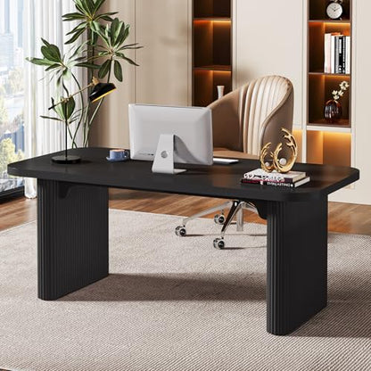 Tribesigns 62-Inch Modern Executive Desk, Wood Office Desk, Large Aesthetic Computer Desk with Double Pedestal, Workstation for Home Office (Black)