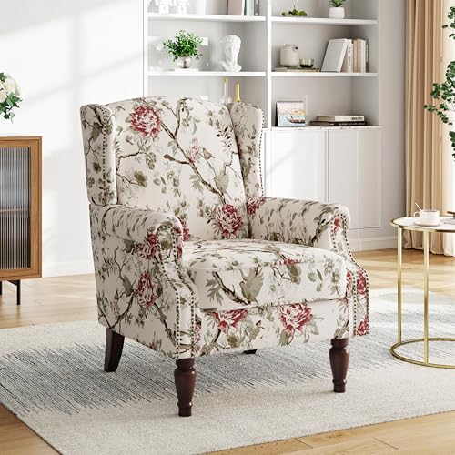 High Back Floral Accent Chair - Retro Wingback Upholstered Armchair with Nailhead Trim, Solid Wood Legs, Fabric Living Room Bedroom Reading Chair (Flower Beige)