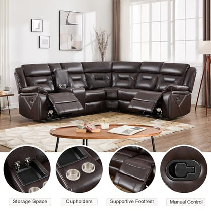 Faux Leather Reclining Sectional Couch for Living Room, L-Shaped Sectional Corner Manual Recliner Sofa Home Furniture Set with Center Console, Cup Holders and Storage, Dark Brown