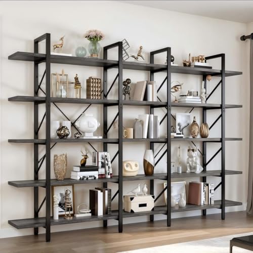 5-Tier Bookshelf, 70.9" Tall Bookshelves Vintage BookCases with 5 Shelves Display Storage Shelves for Home Office, Living Room, Charcoal Gray