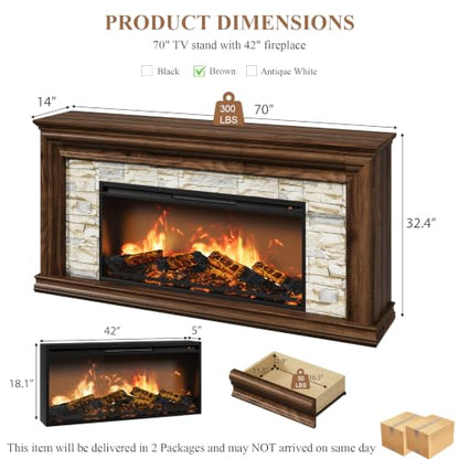 70" Fireplace TV Stand Up to 80" TVs, 42" Modern Electric Fireplace with Mantel, view 4