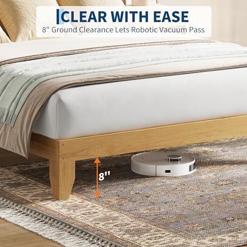 GAOMON Full Size Wood Bed Frame with LED Light and Rattan Headboard, view 7